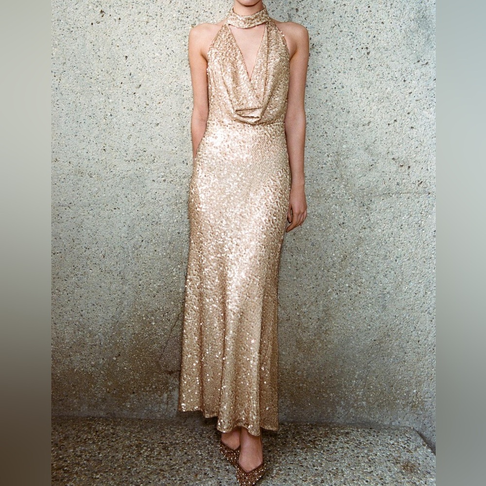 Zara NWT light pink & beige sequin halter top cowl neck formal maxi dress - Picture 2 of 15